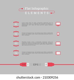 Scalable EPS10 flat design elements with usb cable, bracket text box and cloud computing icon set for infographics, brochure layout, presentation - red, grey version