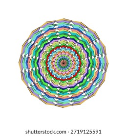 Skalierbares flaches Design Mandala mit lebendigen Farben, Blumenmotiven und geometrischer Symmetrie.
