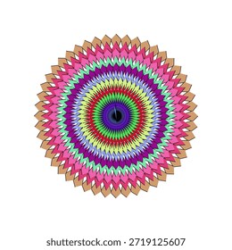 Skalierbares flaches Design Mandala mit lebendigen Blumenmotiven und geometrischer Symmetrie.