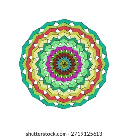 Skalierbares flaches Design Mandala mit lebendigen Farben, geometrischen und floralen Motiven.