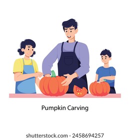 Scalable flat illustration of a dad doing pumpkin carving 