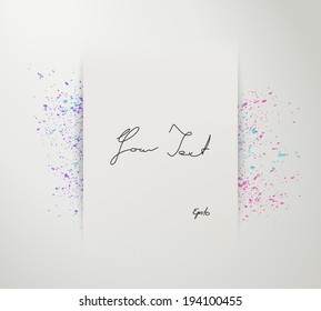 Scalable minimal paper design text box illustration with colorful splash background for web site wallpaper, banner, cover layout - purple, pink, cyan version