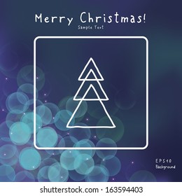Scalable minimal shiny bokeh background with a christmas tree drawing for greeting cards, web site backgrounds, layouts - blue edition
