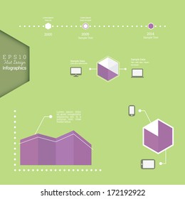 Scalable minimal vector illustration of infographic elements in flat design with charts and icon for web reports, statistics, presentations - green, purple version