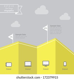 Scalable minimal vector illustration of infographic template in flat user interface design with chart, ribbon, flag and icon set - yellow, grey version