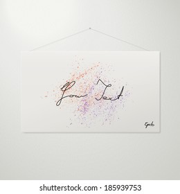 Scalable minimal white canvas illustration with hanger and paint splash for text box, web site background, brochure design - orange, purple version