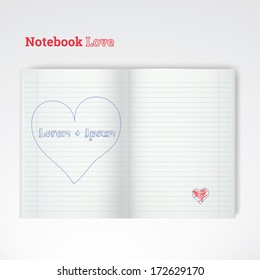Scalable realistic notebook vector illustration with heart icon for valentine day,