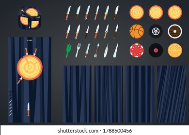 A scalable set of graphics for an arcade mobile game. The sprite asset includes: knives, targets, backgrounds, an icon, and a sample finished project. A ready-made solution for creating a game with al