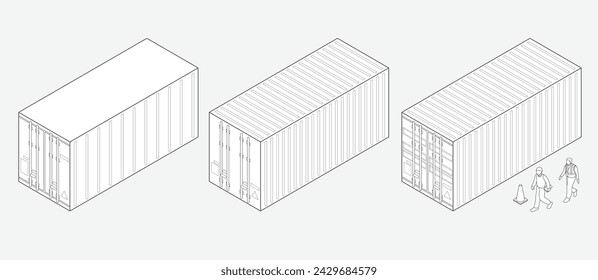 Scalable set of three unique corrugated shipping containers with two people and a cone - outlined in isometric perspective, each separate and movable