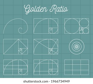 Scalable spirals and geometric shapes with golden ratio, vector illustration isolated on green background. Graphic tutorial of creating gold ratio spiral.