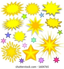 Scalable splashes and stars for decoration, labels and special effects.