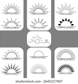 Ícones do pôr do sol escaláveis do nascer do sol ideais para criação de logotipo, design de site, interfaces de aplicativo, tatuagens e materiais de marca.  Gráficos vetoriais de alta qualidade garantem nitidez em qualquer tamanho.