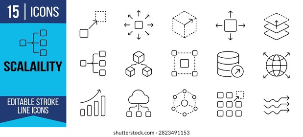 Scalable System Architecture Editable Stroke Line Icons Collection Featuring Cloud Infrastructure, Network Expansion, Database Growth and Business Scaling Vector