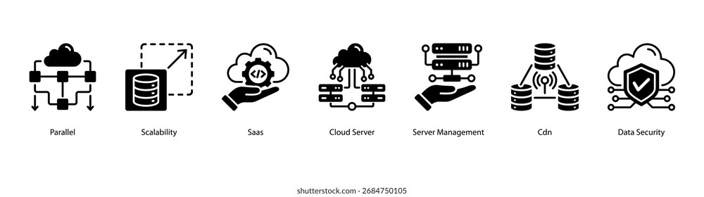 Ilustração vetorial do ícone de banner da Web da Scalable Systems apresentando Parallel, Scalability, SaaS, Cloud Server, Server Management, CDN e Data Security.