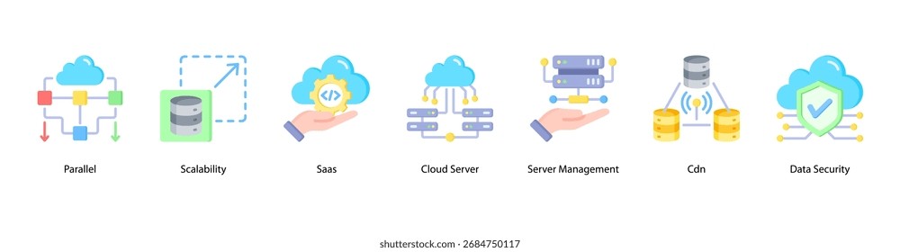 Ilustração vetorial do ícone de banner da Web da Scalable Systems apresentando Parallel, Scalability, SaaS, Cloud Server, Server Management, CDN e Data Security.
