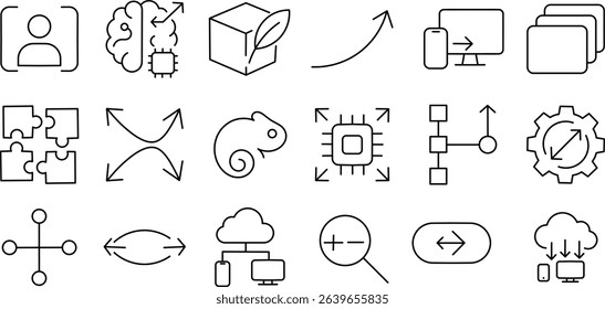 Scalable Technology Stroke Icons – UI, UX, Cloud, and Circuit Designs.