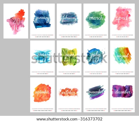 A scalable vector calendar for the year 2016. Each of the twelve months and the cover are presented on a corresponding bright watercolor texture. There is a place for text and logos.