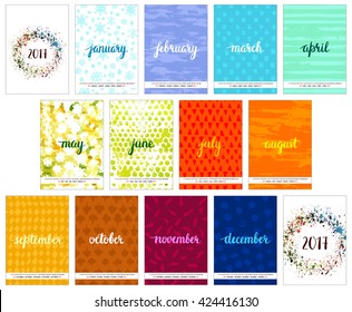 Scalable vector calendar for year 2017 with watercolor textures (representing each month's weather), brushpen lettering, cover and back cover, all on one page. Lots of space for text and logos