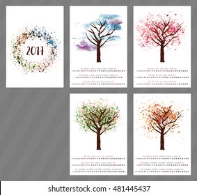 A scalable vector calendar for the year 2017 with a watercolor and vector drawing of a tree changing as the seasons change, with four pages and a cover with an abstract texture, with copyspace
