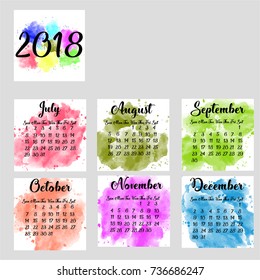 A scalable vector calendar for the year 2018. Each of the twelve months.part2