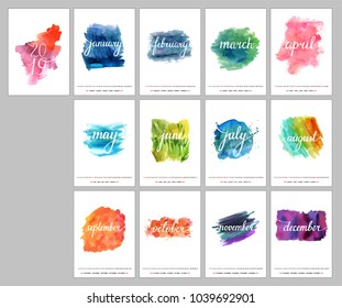 A scalable vector calendar for the year 2019. Each of the twelve months and the cover is presented on a corresponding bright watercolor texture. There is a place for text and logos