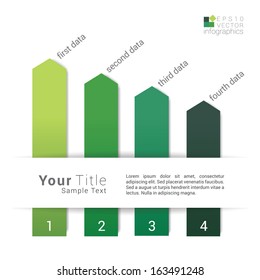 Scalable vector composition of an info graphics built vertical composed colorful arrow shapes in a minimal abstract paper background - green edition