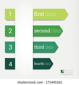 Scalable vector composition of an info graphics built with horizontal composed green arrow shapes in a minimal abstract paper background  - eco color edition