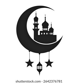Scalable vector graphic ideal for logo creation branding projects or website design. This crescent moon and mosque design offers a sophisticated aesthetic for religious or cultural applications. 