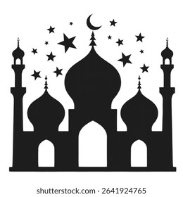 Scalable vector graphic of a majestic mosque under a starry night sky ideal for logo design, branding projects, religious publications, and Islamic-themed materials.