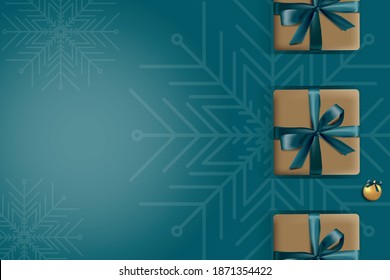 Skalierbare Vektorgrafiken. Weihnachtshintergrund. Realistischer Hintergrund mit 3D-Objekten, Weihnachtsdekoration: Geschenkbox mit Satin-Bogen, Schneeflocken, glitzernden Konfetti und Weihnachtsbaumspielzeug. Von oben anzeigen.