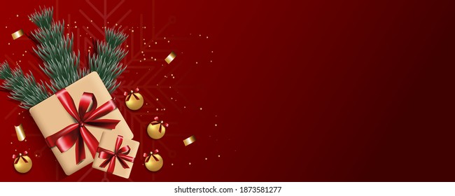 Scalable vector graphics. Christmas background. Realistic background with 3D objects, Christmas decorations: gift box with satin bow, Christmas tree, Christmas tree toy. View from above.