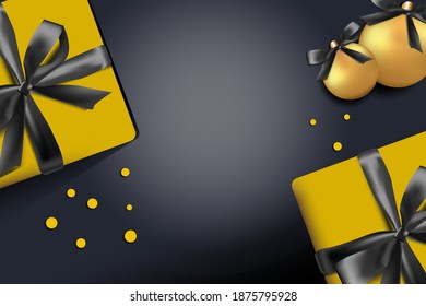 Scalable vector graphics. Christmas background. Realistic background with 3D objects, Xmas decorations: gift box with satin bow, snowflake, glittering confetti and Christmas tree toy. View from above.