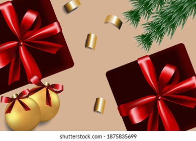Scalable vector graphics. Christmas background. Realistic background with 3D objects, Christmas decorations: gift box with satin bow, Christmas tree, Christmas tree toy. View from above.