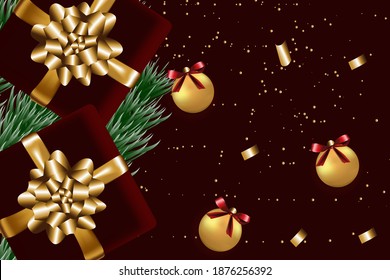 Scalable vector graphics. Christmas background. Realistic background with 3D objects, Christmas decorations: gift box with satin bow, Christmas tree, Christmas tree toy. View from above.