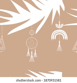 Scalable vector graphics. Christmas seamless pattern in pastel colors. Christmas background in boho style. Abstract Christmas tree. abstract Christmas toys, dreamcatcher.