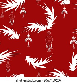 Scalable vector graphics. Christmas seamless pattern in traditional colors. Christmas background in boho style. Abstract Christmas tree. Abstract Christmas toys, dreamcatcher.