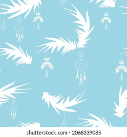 Scalable vector graphics. Christmas seamless pattern in pastel colors. Christmas background in boho style. Abstract Christmas tree. Abstract Christmas toys, dreamcatcher.