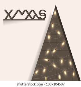 Scalable vector graphics. Minimalistic Christmas background. Abstract Christmas tree decorated with Christmas lights. Text design.
