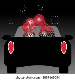 Scalable vector graphics. Romantic background for Valentine's Day. A couple in love: a guy and a girl, sitting embracing in a convertible.