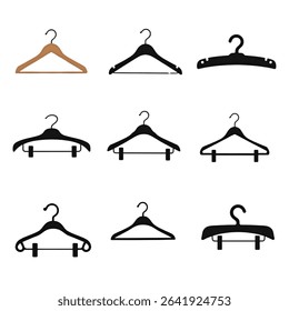 Scalable vector graphics of various clothing hangers ideal for logo creation, branding projects, and fashion-related website design. High-quality, easily customizable assets.
