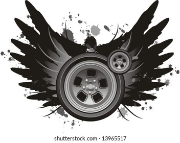 scalable vector grungy winged wheel with ink splats