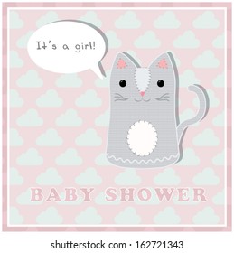 Scalable vector illustration of a cute kitty with fluffy pink background built of clouds for baby shower, web sites, brochures