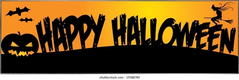 A scalable vector illustration of a Halloween banner with text, bats, pumpkin and flying witch