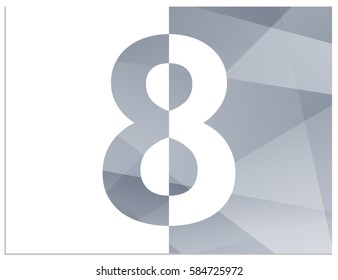 Scalable vector illustration of number 8, divided into 2 halves on polygonal background. One half formed in the negative space and the other in positive space