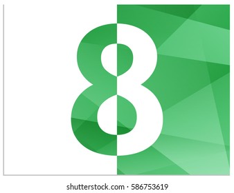 Scalable vector illustration of number 8, divided into 2 halves on polygonal background. One half formed in the negative space and the other in positive space