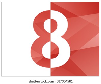 Scalable vector illustration of number 8, divided into 2 halves on polygonal background. One half formed in the negative space and the other in positive space