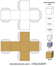 Scalable vector illustration of a regular hexahedron (cube) paper craft template for educational geometry and mineralogy. The design features a blank template on top and a textured layout below in the characteristic brassy yellow color of a pyrite crystal. Includes 3D preview models for halite, galena, and pyrite, alongside a practical legend for fold lines, cut lines, and glue flaps. Fully editable EPS format.