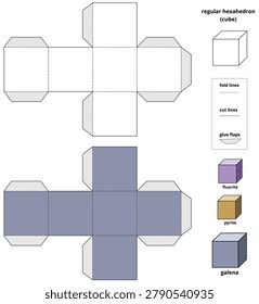 Scalable vector illustration of a regular hexahedron (cube) paper craft template for educational geometry and mineralogy. The layout includes a blank folding net on top and a colored template below in the characteristic metallic lead-grey tone of a galena crystal. Features 3D preview models for purple fluorite, pyrite, and galena, along with a practical legend for lines and glue flaps. Fully editable EPS vector format.
