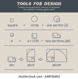 Scalable vector illustration of spiral with golden ratio - tool, that can be useful to any designer. Lines are not expanded. Graphic tutorial, which shows the method of creating a gold spiral