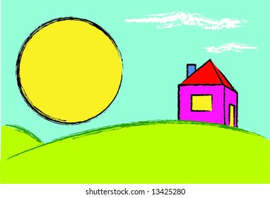 A scalable vector illustration of a sun rising or setting by a house in the country